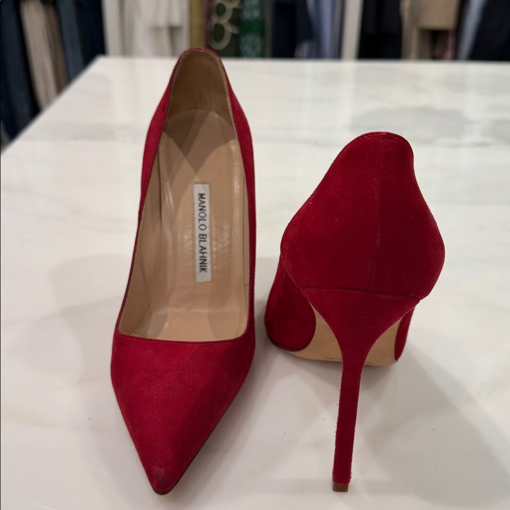 Manolo Blahnik Red Suede Pointed Pumps